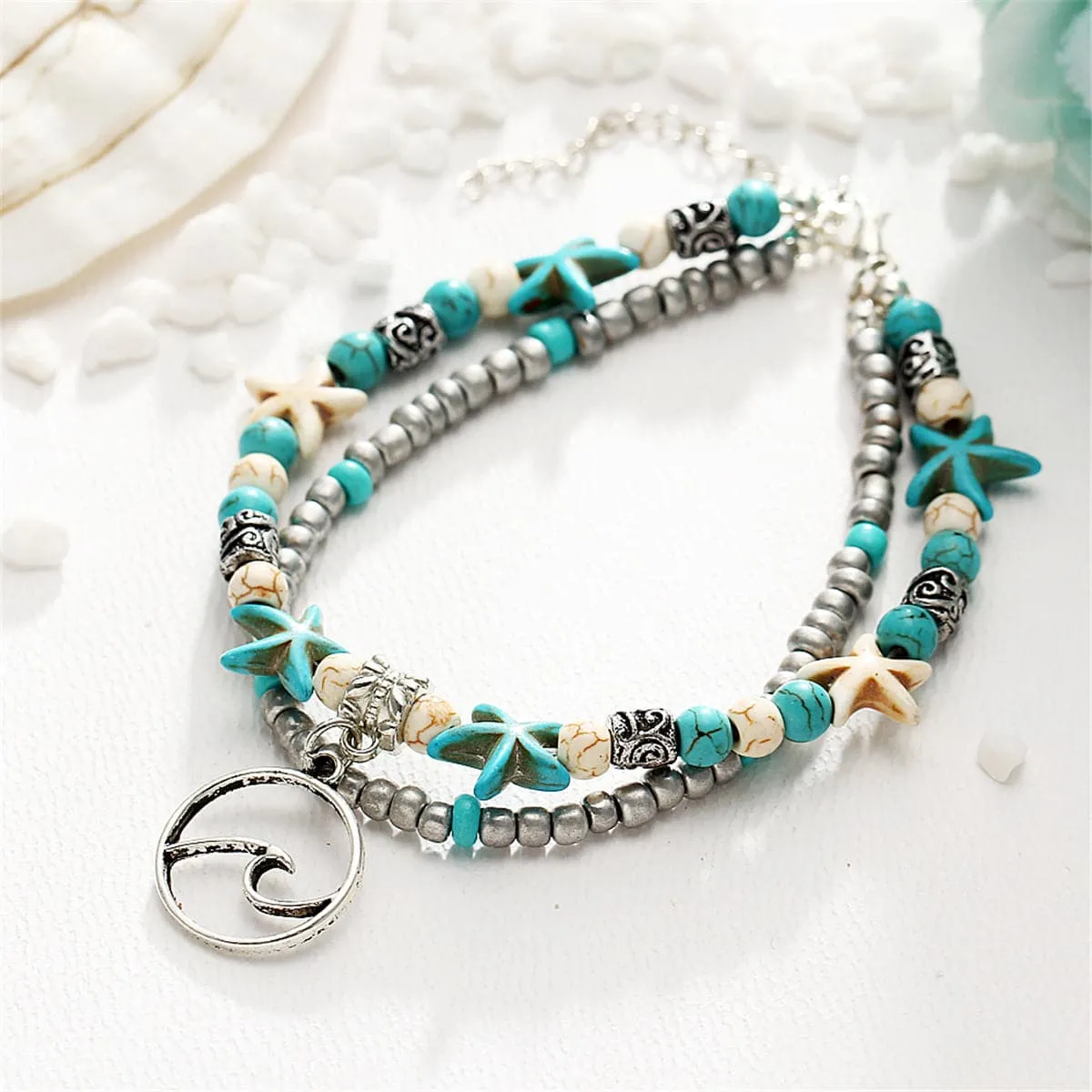Turquoise & Silver-Plated Beaded Wave Layered Anklet
