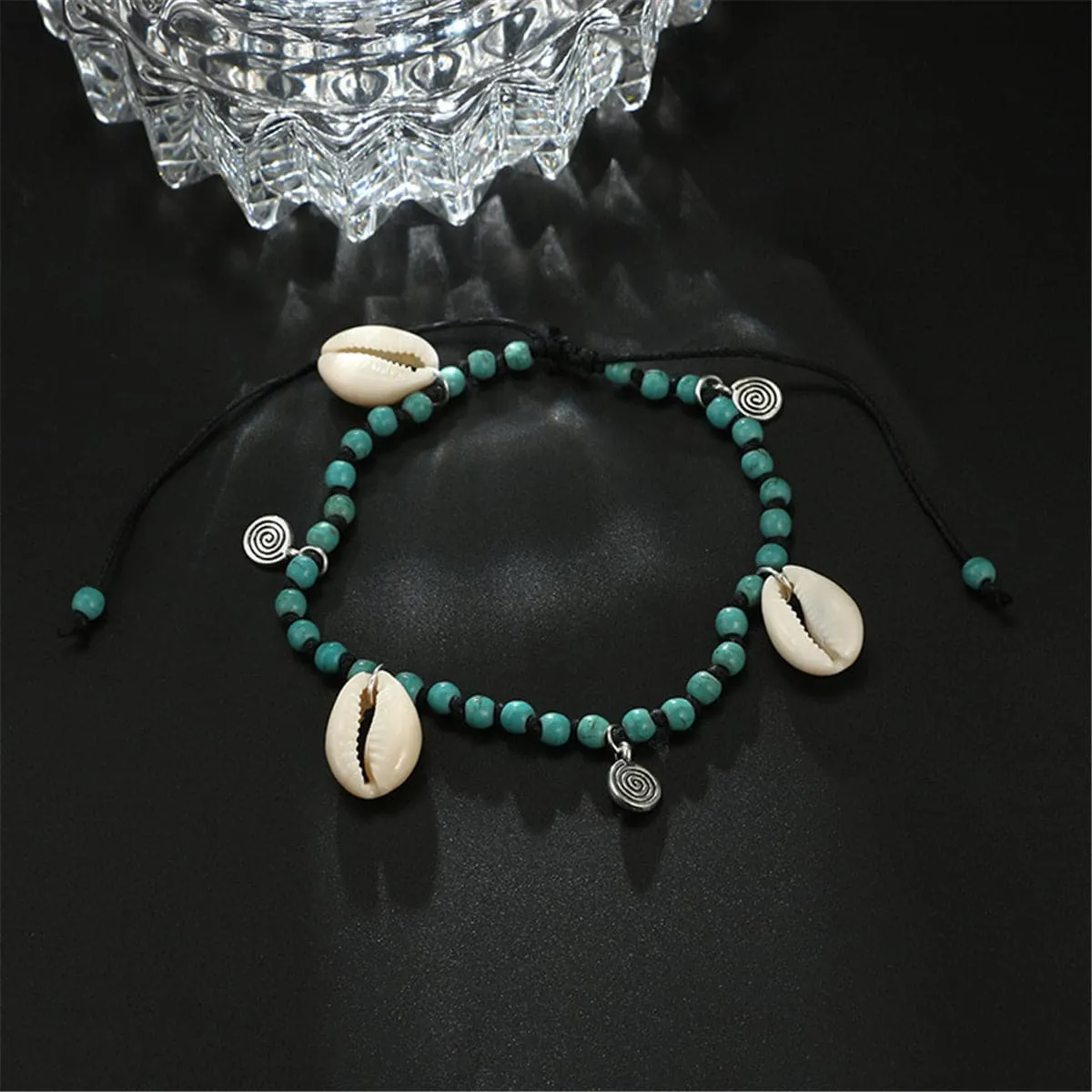 Turquoise & Silver-Plated Seashell Beaded Anklet