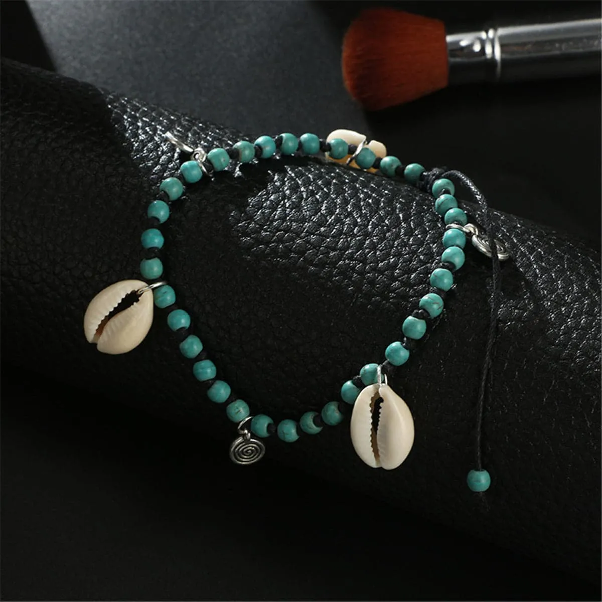 Turquoise & Silver-Plated Seashell Beaded Anklet