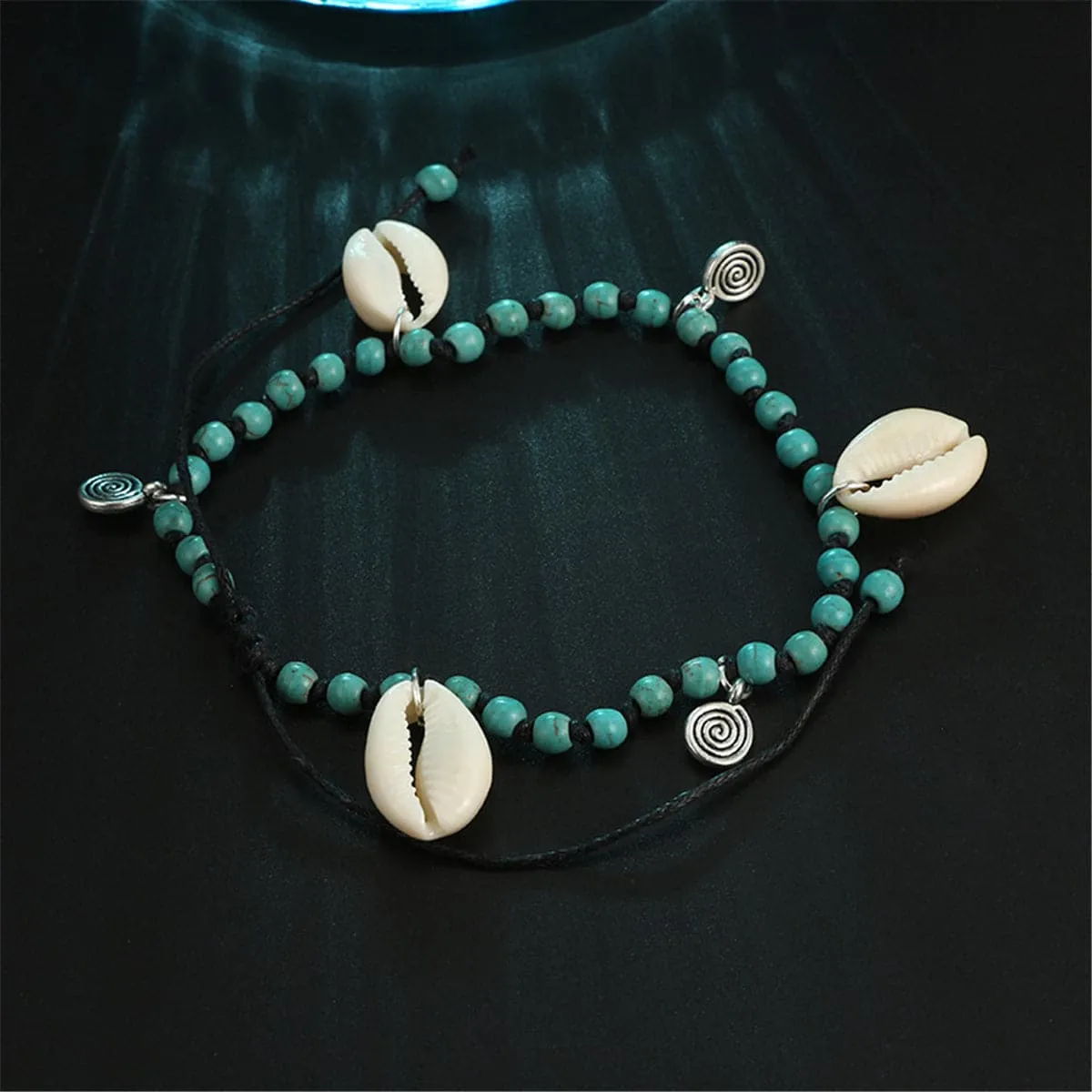 Turquoise & Silver-Plated Seashell Beaded Anklet