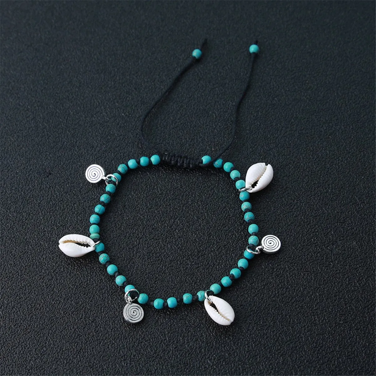 Turquoise & Silver-Plated Shell Adjustable Anklet