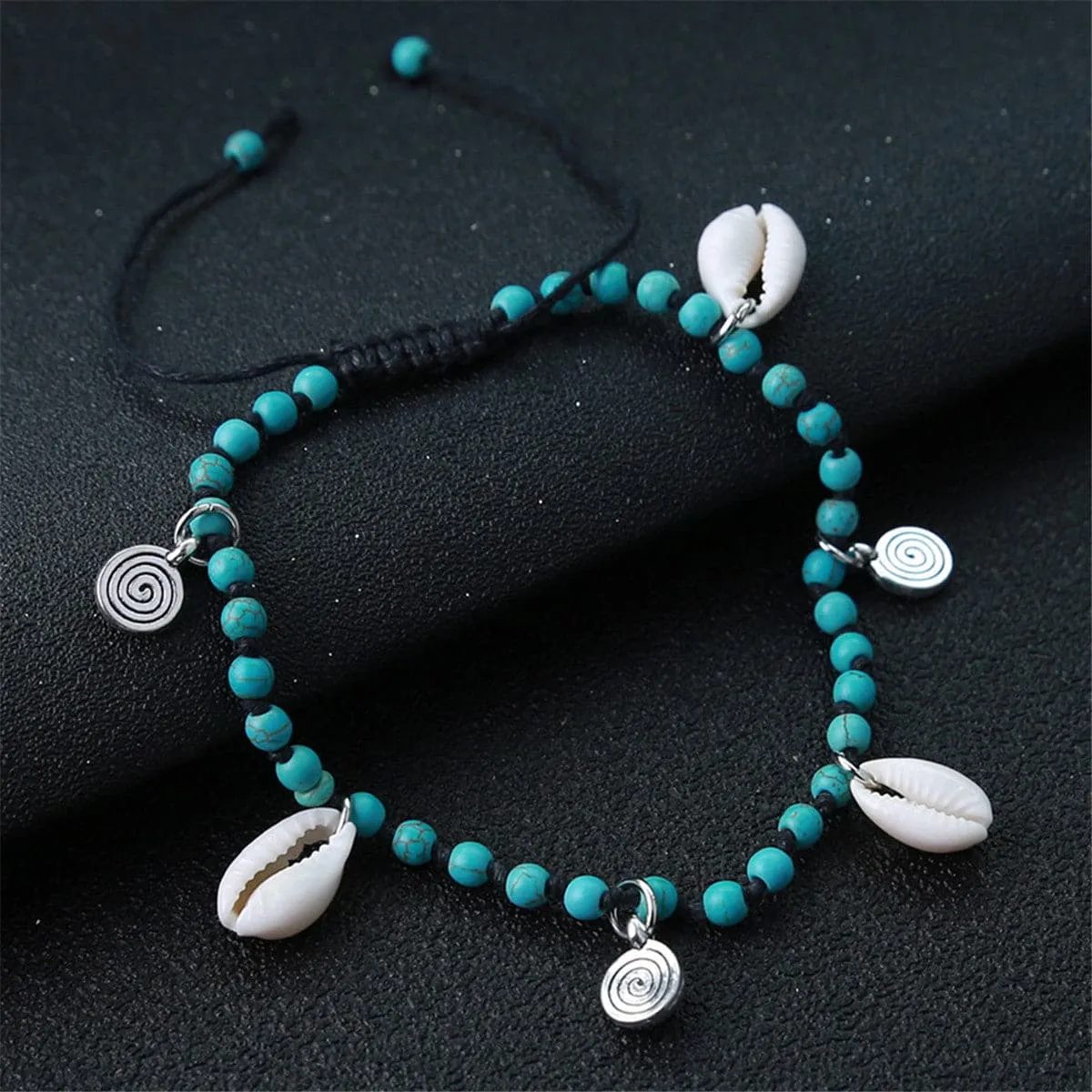 Turquoise & Silver-Plated Shell Adjustable Anklet