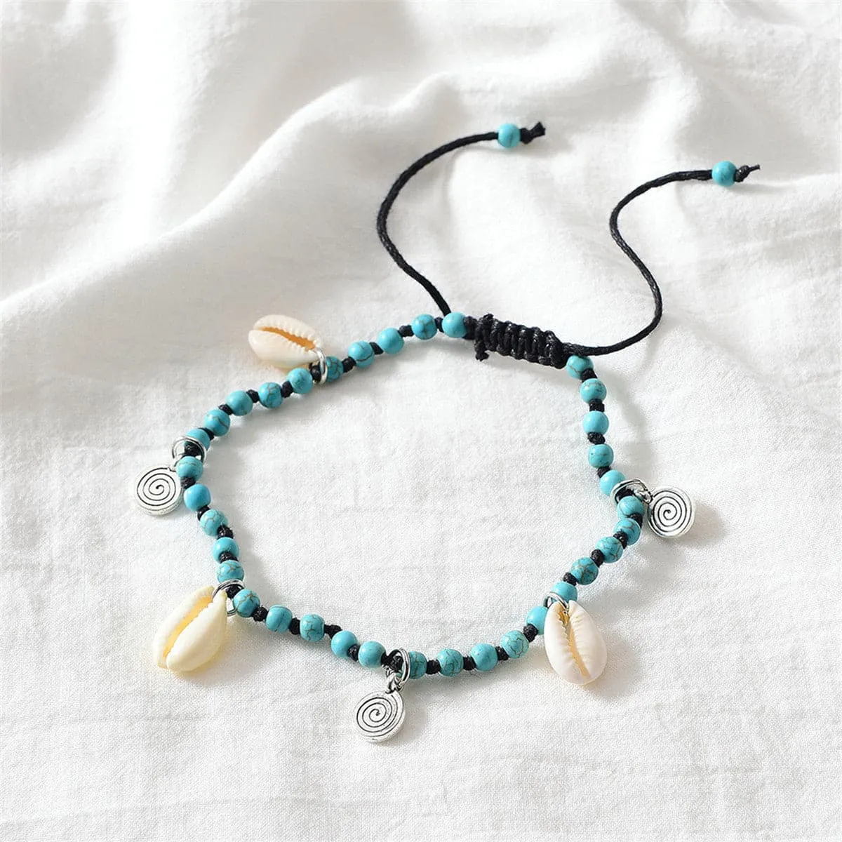 Turquoise & Silver-Plated Shell Adjustable Anklet