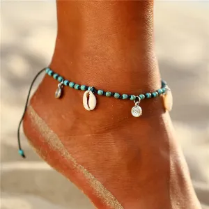 Turquoise & Silver-Plated Shell Adjustable Anklet
