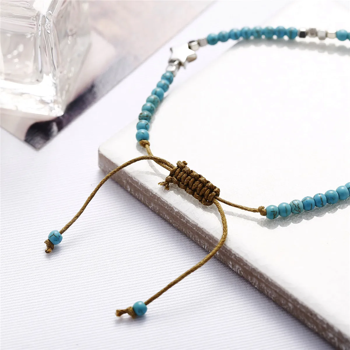Turquoise & Silver-Plated Star Adjustable Anklet