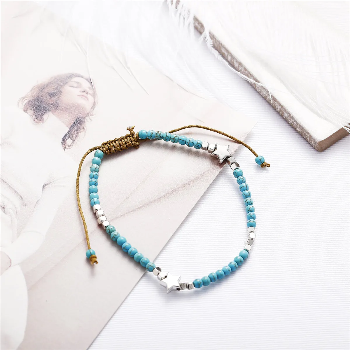 Turquoise & Silver-Plated Star Adjustable Anklet