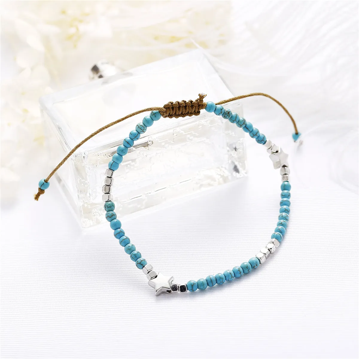 Turquoise & Silver-Plated Star Adjustable Anklet