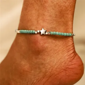 Turquoise & Silver-Plated Star Adjustable Anklet