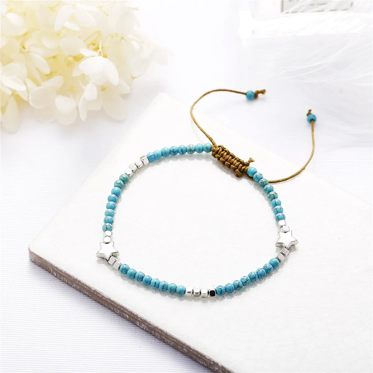 Turquoise & Silver-Plated Star Adjustable Anklet