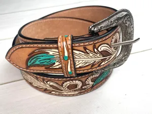 Turquoise & White Feather Tooled Leather Woman’s Belt