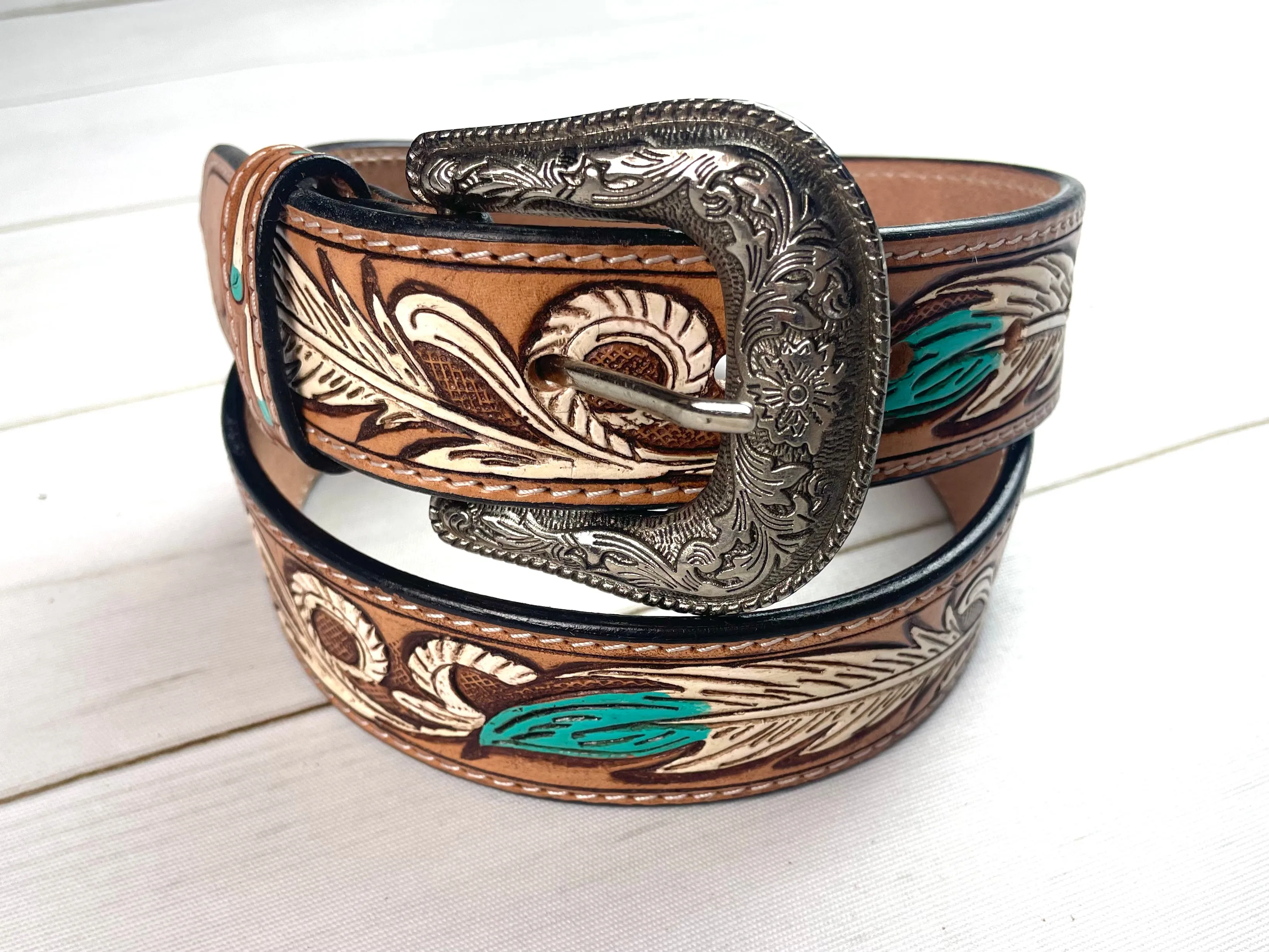 Turquoise & White Feather Tooled Leather Woman’s Belt