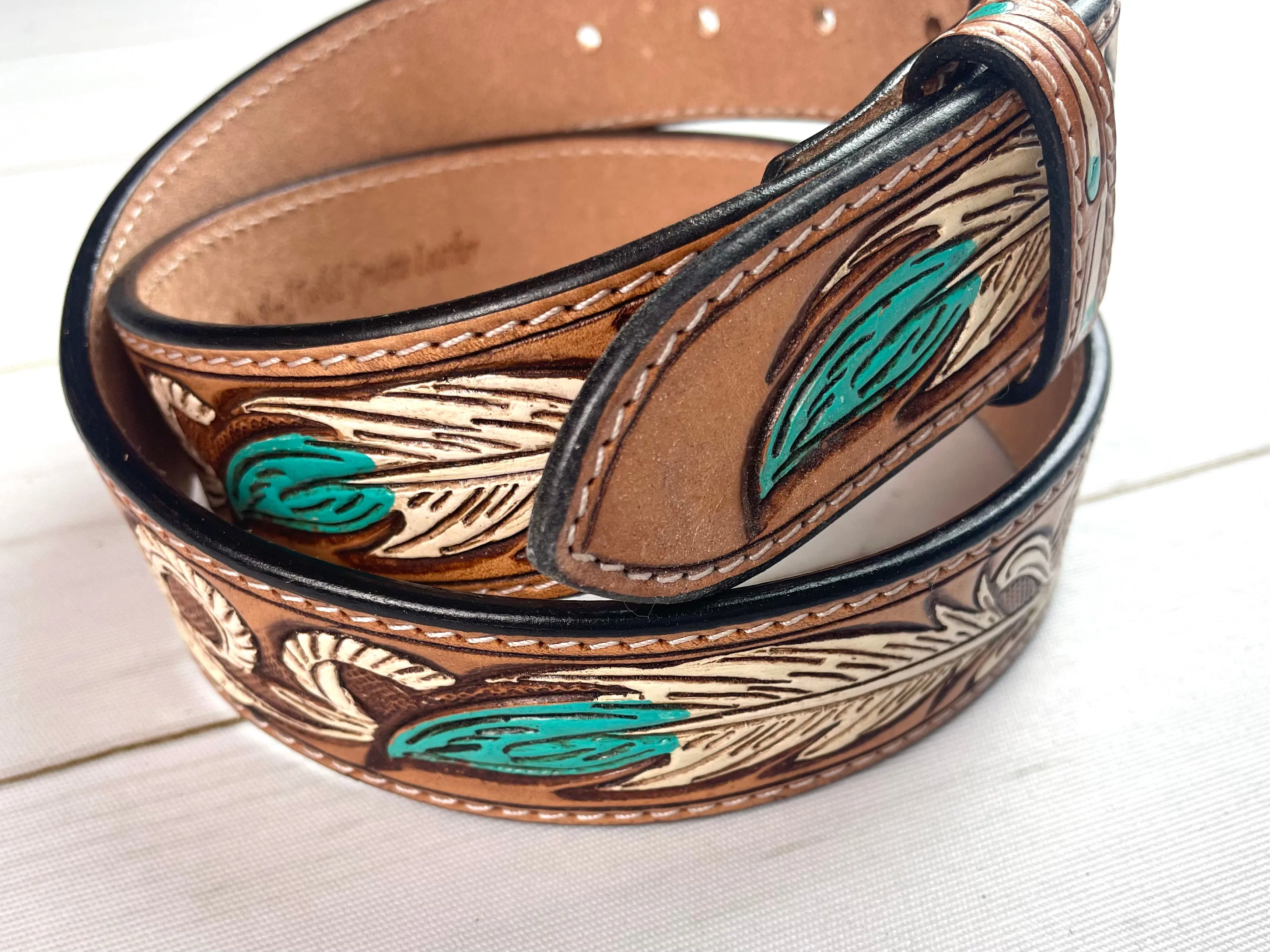 Turquoise & White Feather Tooled Leather Woman’s Belt