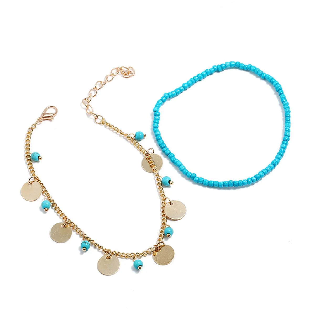 Turquoise Stretch Anklet & Sequin Station Anklet Set