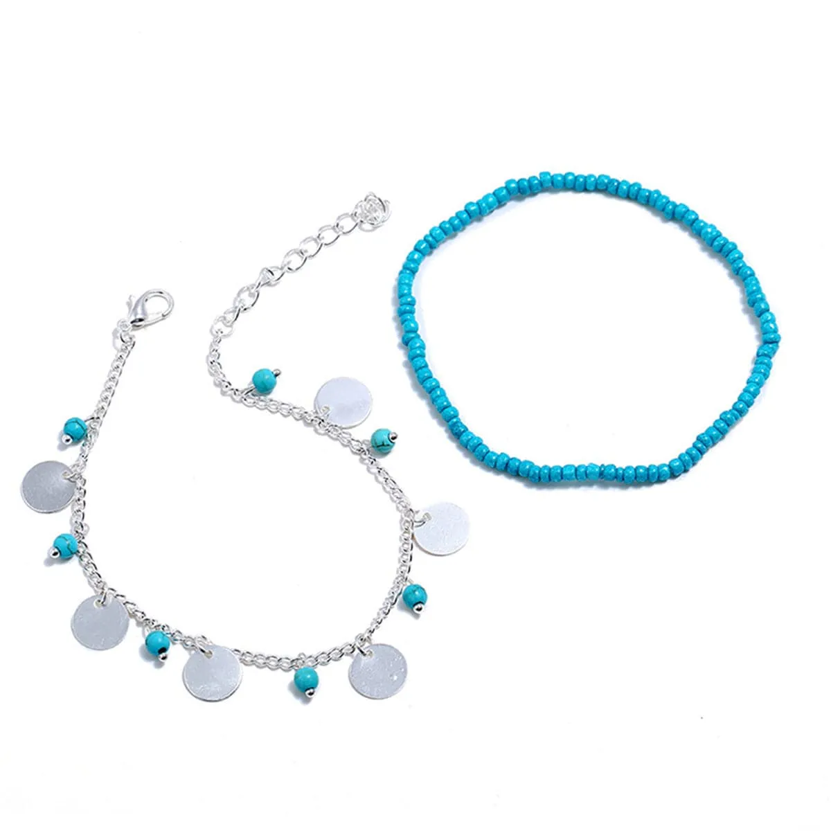 Turquoise Stretch Anklet & Sequin Station Anklet Set