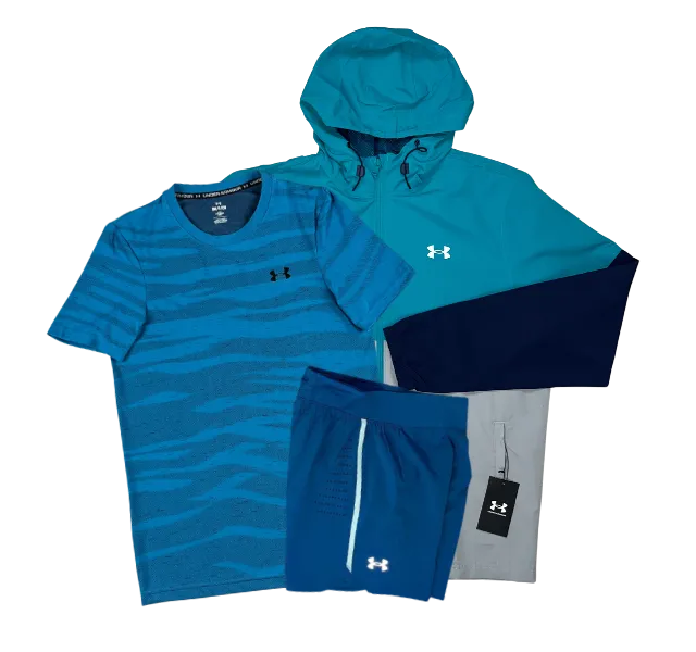 Under Armour Seamless Wave T-Shirt - Windrunner - Speedpocket Shorts Outfit - Blue