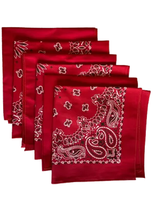 USA Made Paisley & Solid Red Bandanas 6 Pk 22" 100% Cotton