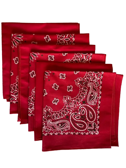 USA Made Paisley & Solid Red Bandanas 6 Pk 22" 100% Cotton