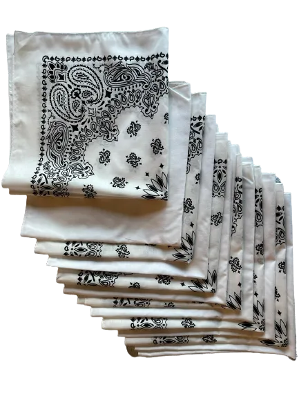 USA Made Paisley & Solid White Bandanas 12 Pk 22" 100% Cotton