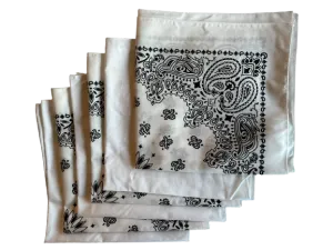 USA Made Paisley & Solid White Bandanas 6 Pk 22" 100% Cotton