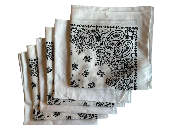 USA Made Paisley & Solid White Bandanas 6 Pk 22" 100% Cotton
