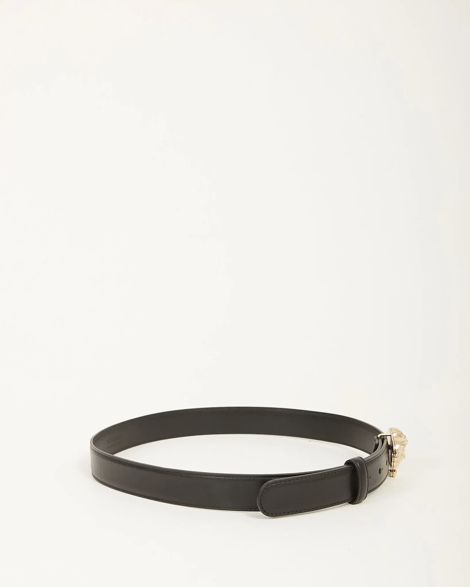 Versace Black Leather Gold Buckle Medusa Belt - 85