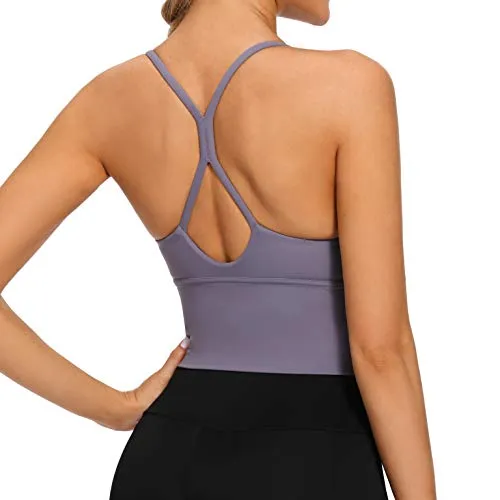 VIBOJOY Longline Strappy Padded Sports Bras Workout Running Tank Crop Tops Yoga Gym Fitness Activewear for Women (Grey-Purple, Small)