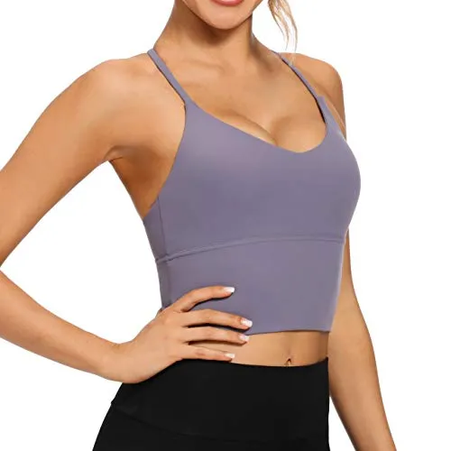 VIBOJOY Longline Strappy Padded Sports Bras Workout Running Tank Crop Tops Yoga Gym Fitness Activewear for Women (Grey-Purple, Small)