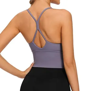 VIBOJOY Longline Strappy Padded Sports Bras Workout Running Tank Crop Tops Yoga Gym Fitness Activewear for Women (Grey-Purple, Small)