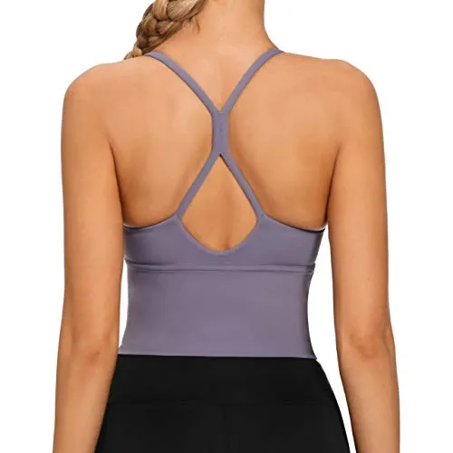 VIBOJOY Longline Strappy Padded Sports Bras Workout Running Tank Crop Tops Yoga Gym Fitness Activewear for Women (Grey-Purple, Small)