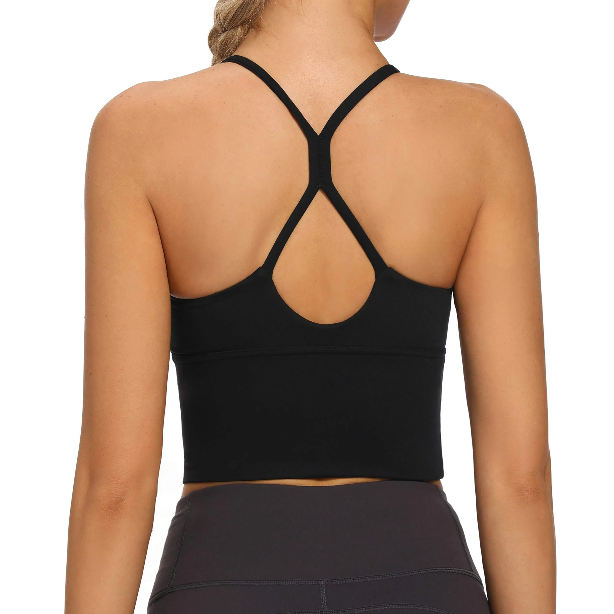 VIBOJOY Longline Strappy Padded Sports Bras Workout Running Tank Crop Tops Yoga Gym Fitness Activewear for Women Medium Green