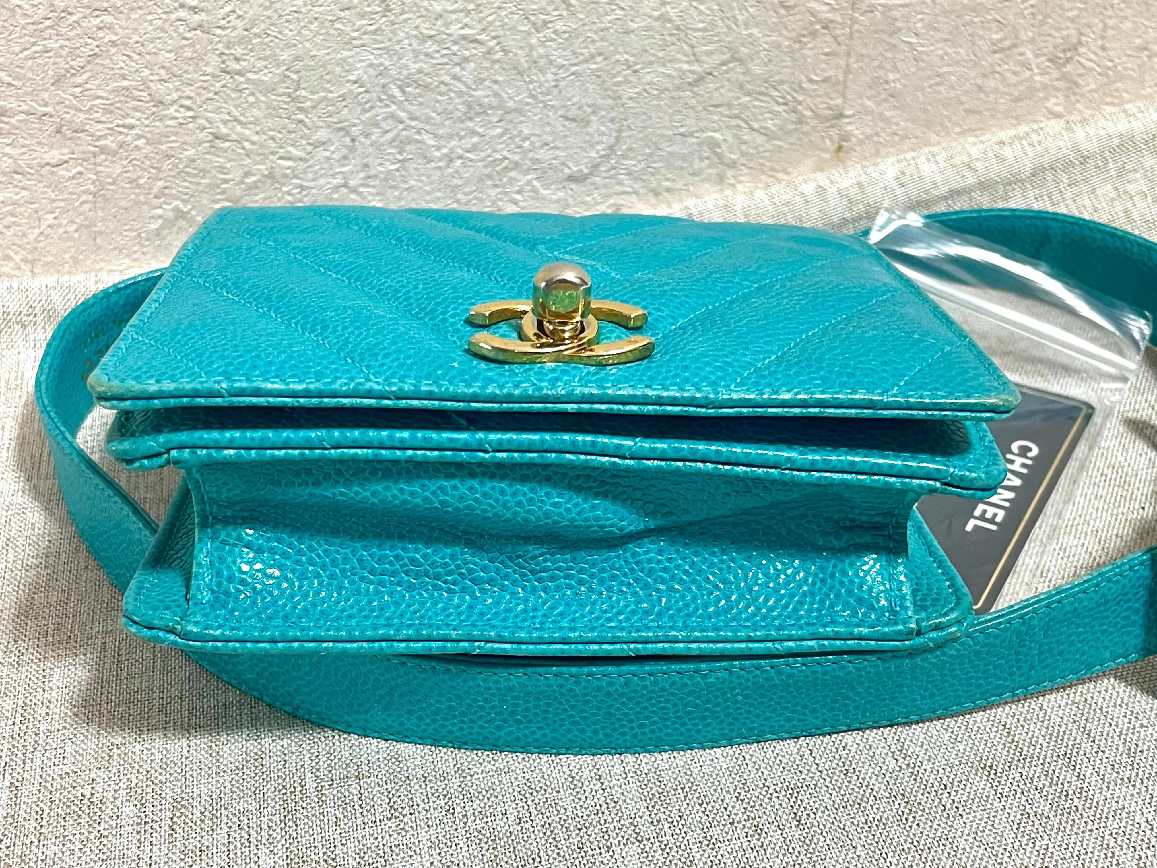 Vintage CHANEL turquoise blue caviar v stitch, chevron, waist bag, hip bag, fanny pack with matching belt with golden cc mark closure. 070225ac3