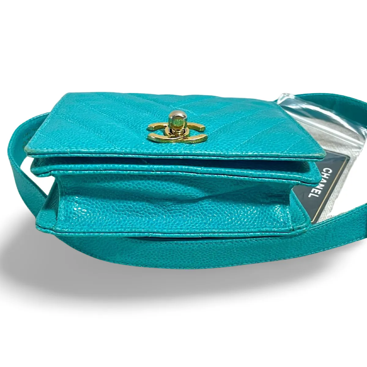 Vintage CHANEL turquoise blue caviar v stitch, chevron, waist bag, hip bag, fanny pack with matching belt with golden cc mark closure. 070225ac3