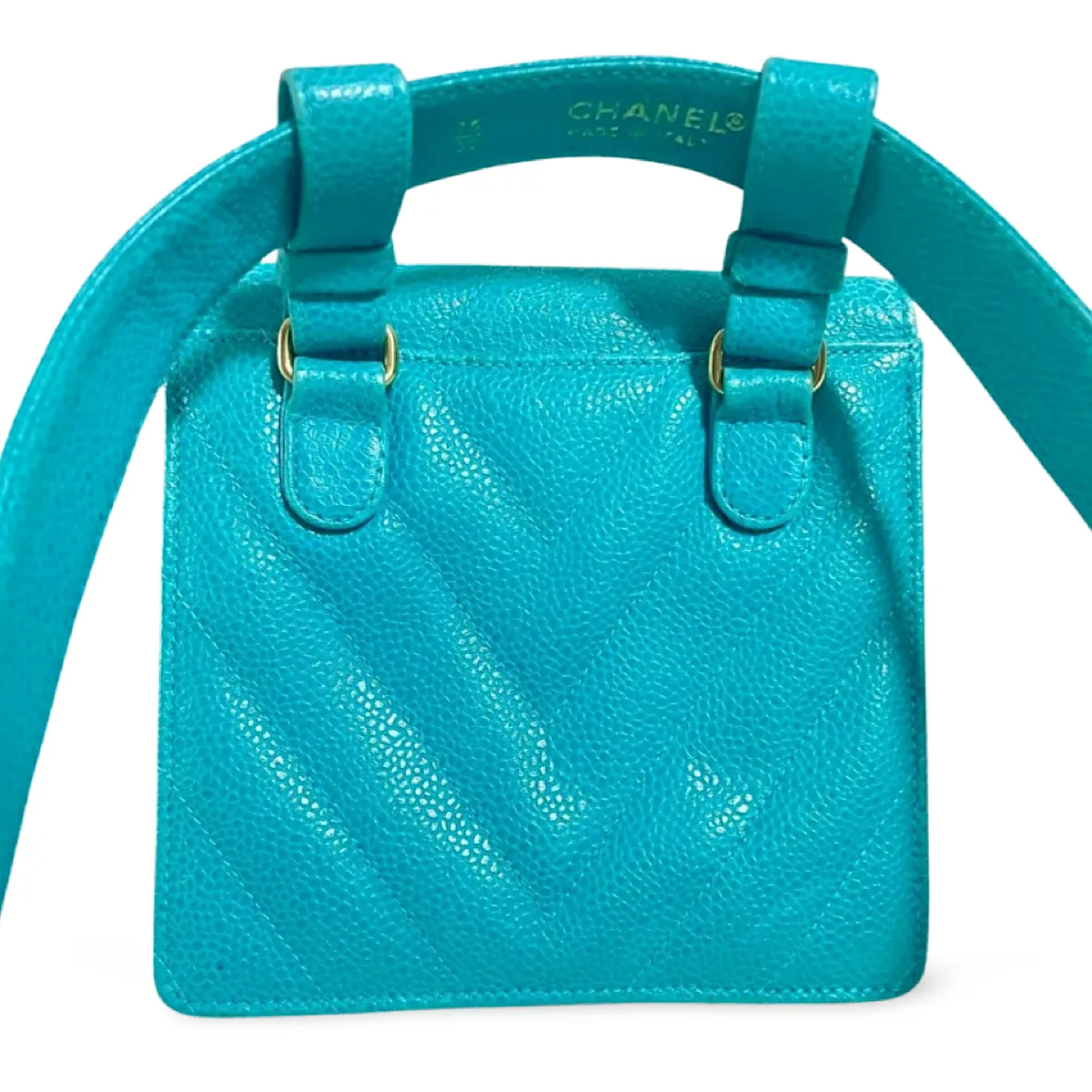 Vintage CHANEL turquoise blue caviar v stitch, chevron, waist bag, hip bag, fanny pack with matching belt with golden cc mark closure. 070225ac3