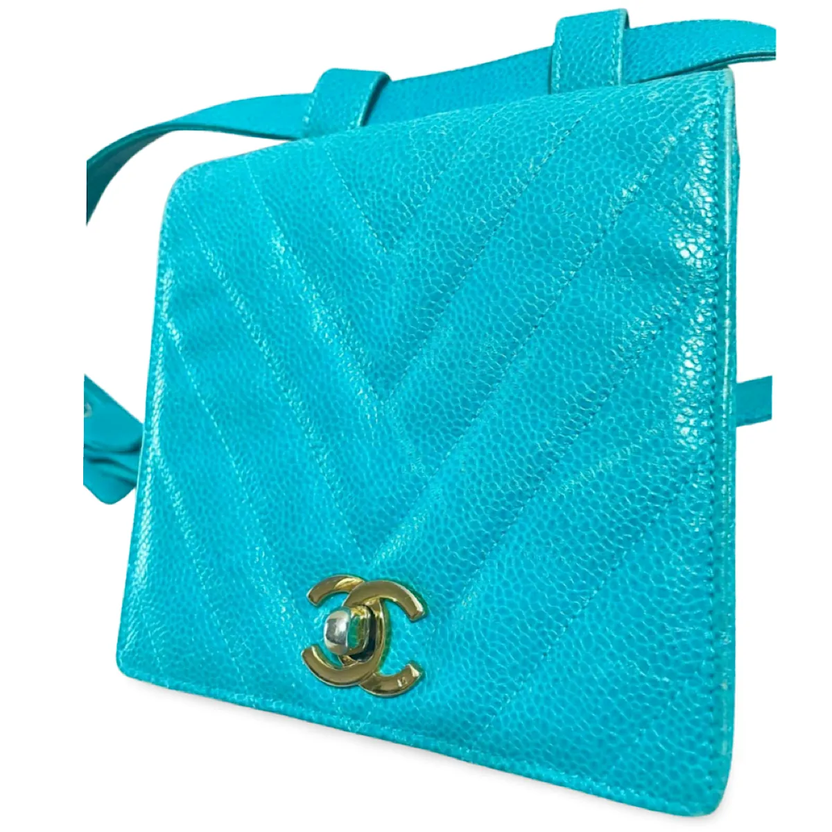 Vintage CHANEL turquoise blue caviar v stitch, chevron, waist bag, hip bag, fanny pack with matching belt with golden cc mark closure. 070225ac3