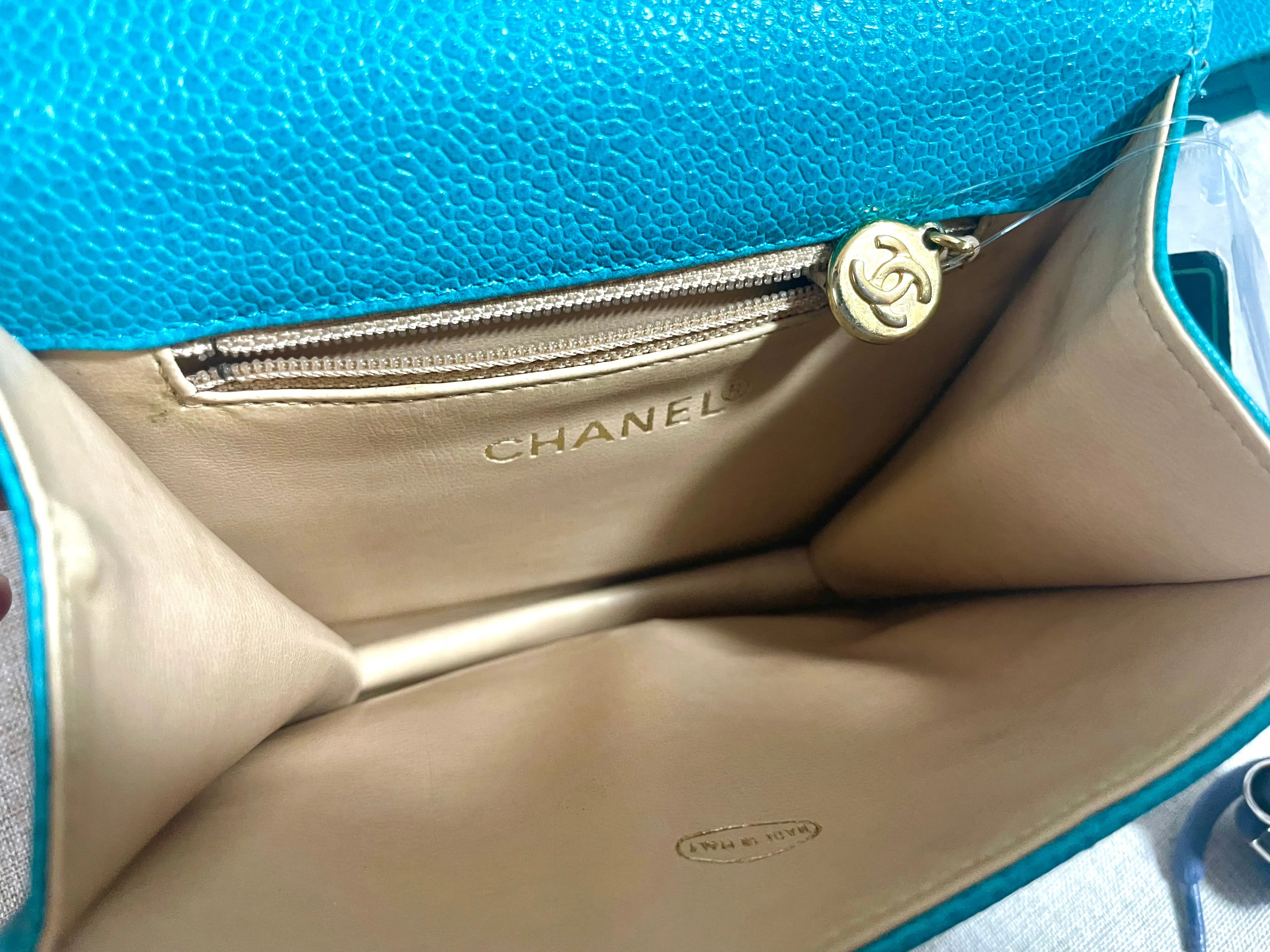 Vintage CHANEL turquoise blue caviar v stitch, chevron, waist bag, hip bag, fanny pack with matching belt with golden cc mark closure. 070225ac3