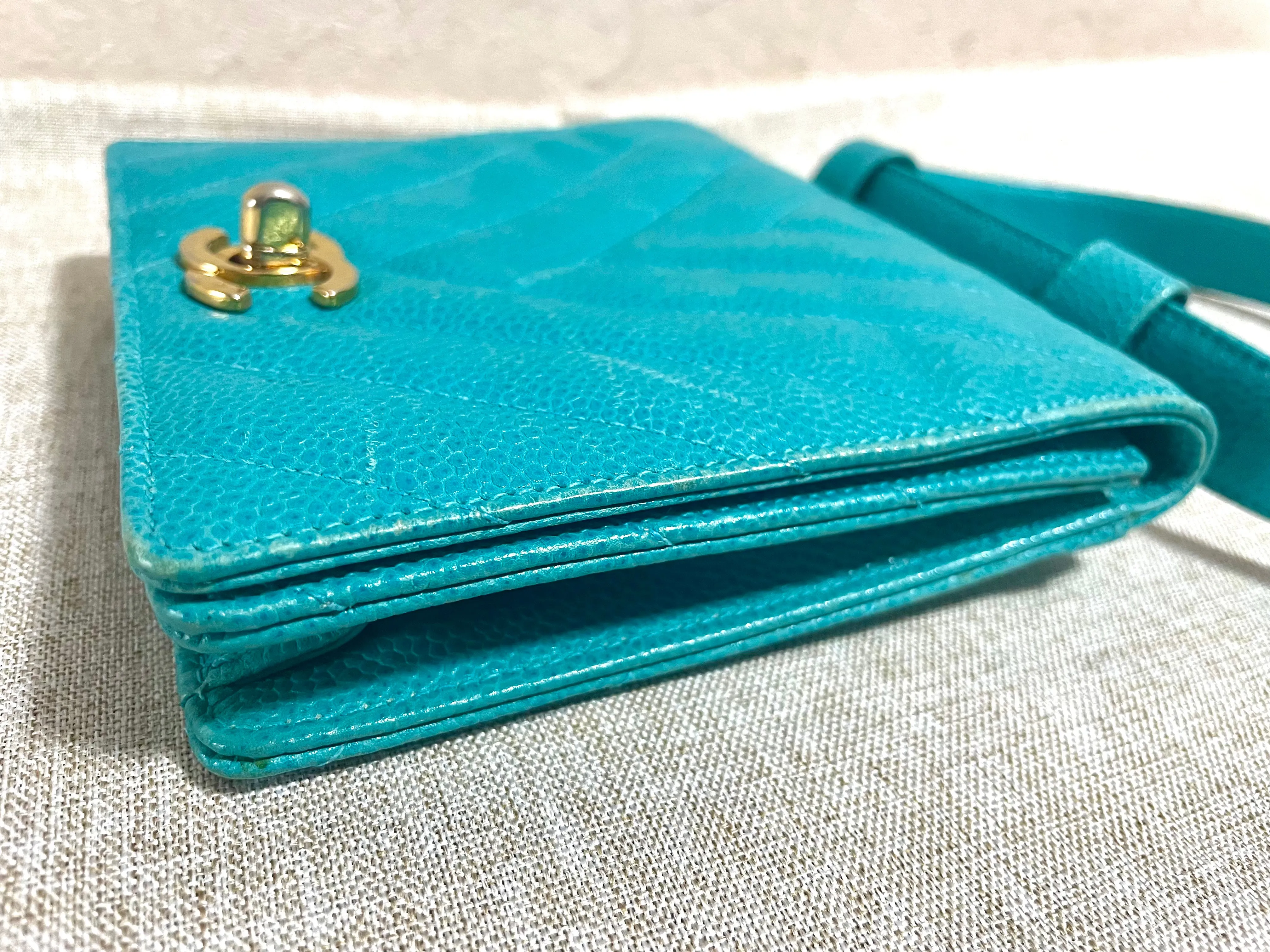 Vintage CHANEL turquoise blue caviar v stitch, chevron, waist bag, hip bag, fanny pack with matching belt with golden cc mark closure. 070225ac3