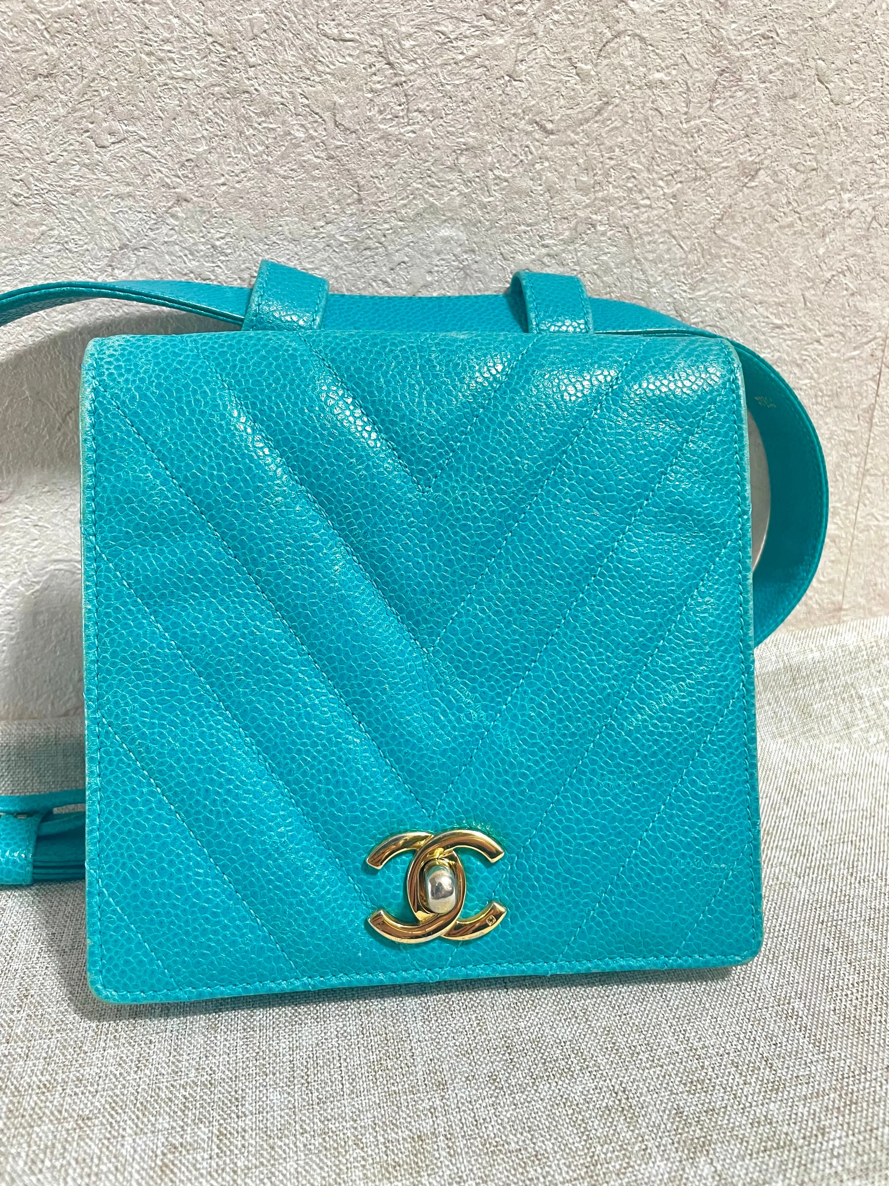 Vintage CHANEL turquoise blue caviar v stitch, chevron, waist bag, hip bag, fanny pack with matching belt with golden cc mark closure. 070225ac3