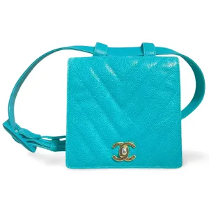 Vintage CHANEL turquoise blue caviar v stitch, chevron, waist bag, hip bag, fanny pack with matching belt with golden cc mark closure. 070225ac3