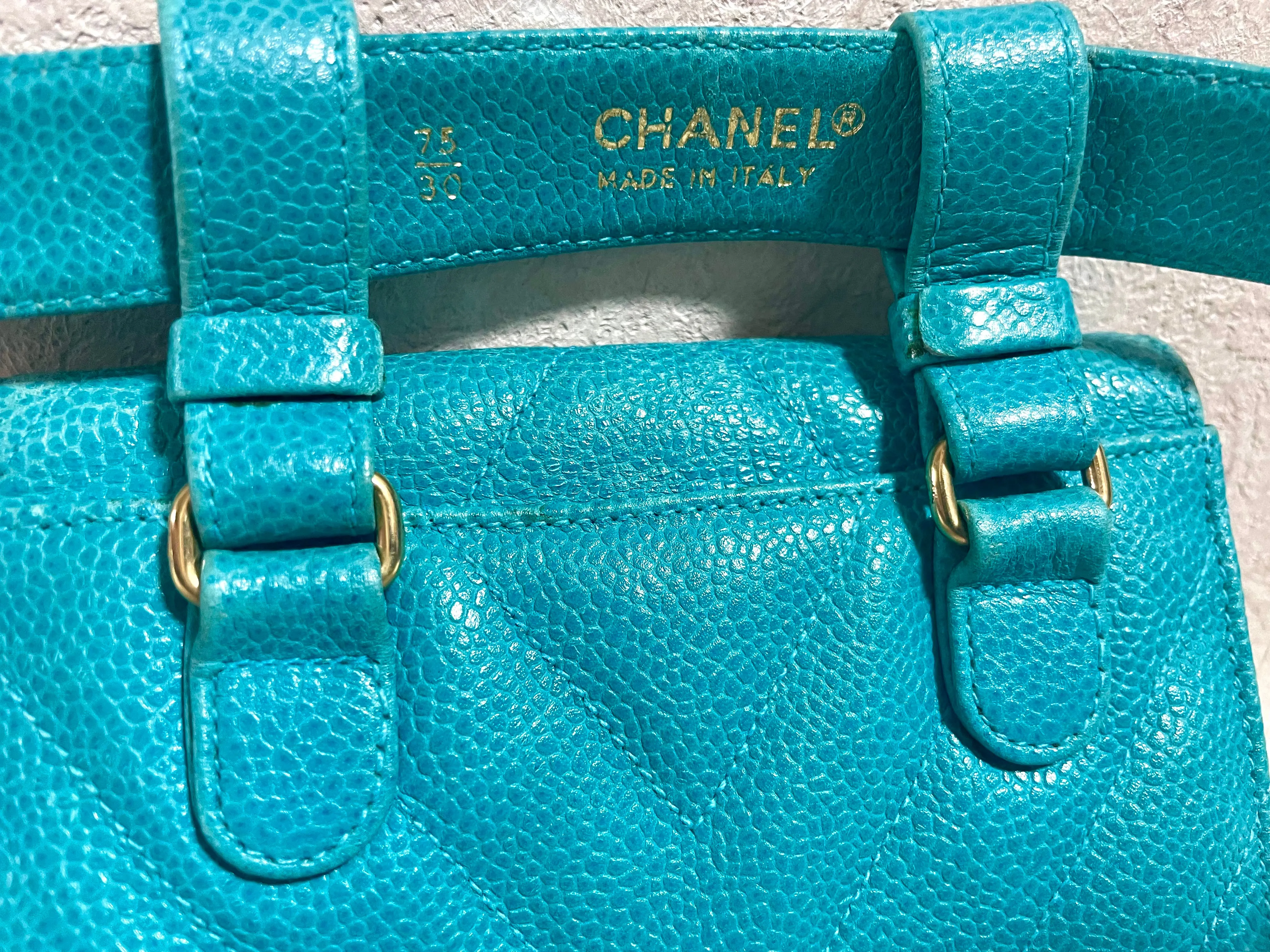 Vintage CHANEL turquoise blue caviar v stitch, chevron, waist bag, hip bag, fanny pack with matching belt with golden cc mark closure. 070225ac3
