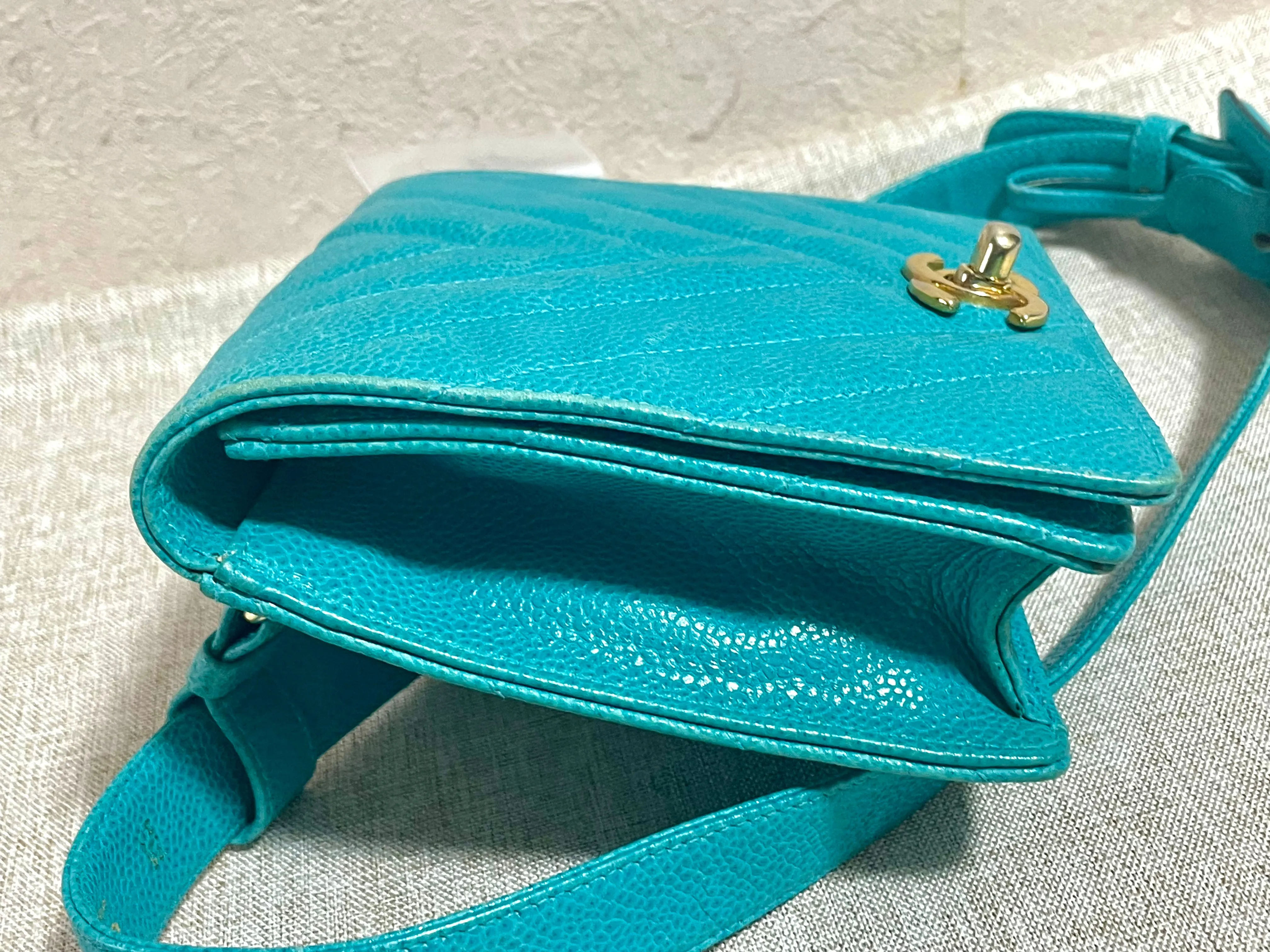 Vintage CHANEL turquoise blue caviar v stitch, chevron, waist bag, hip bag, fanny pack with matching belt with golden cc mark closure. 070225ac3