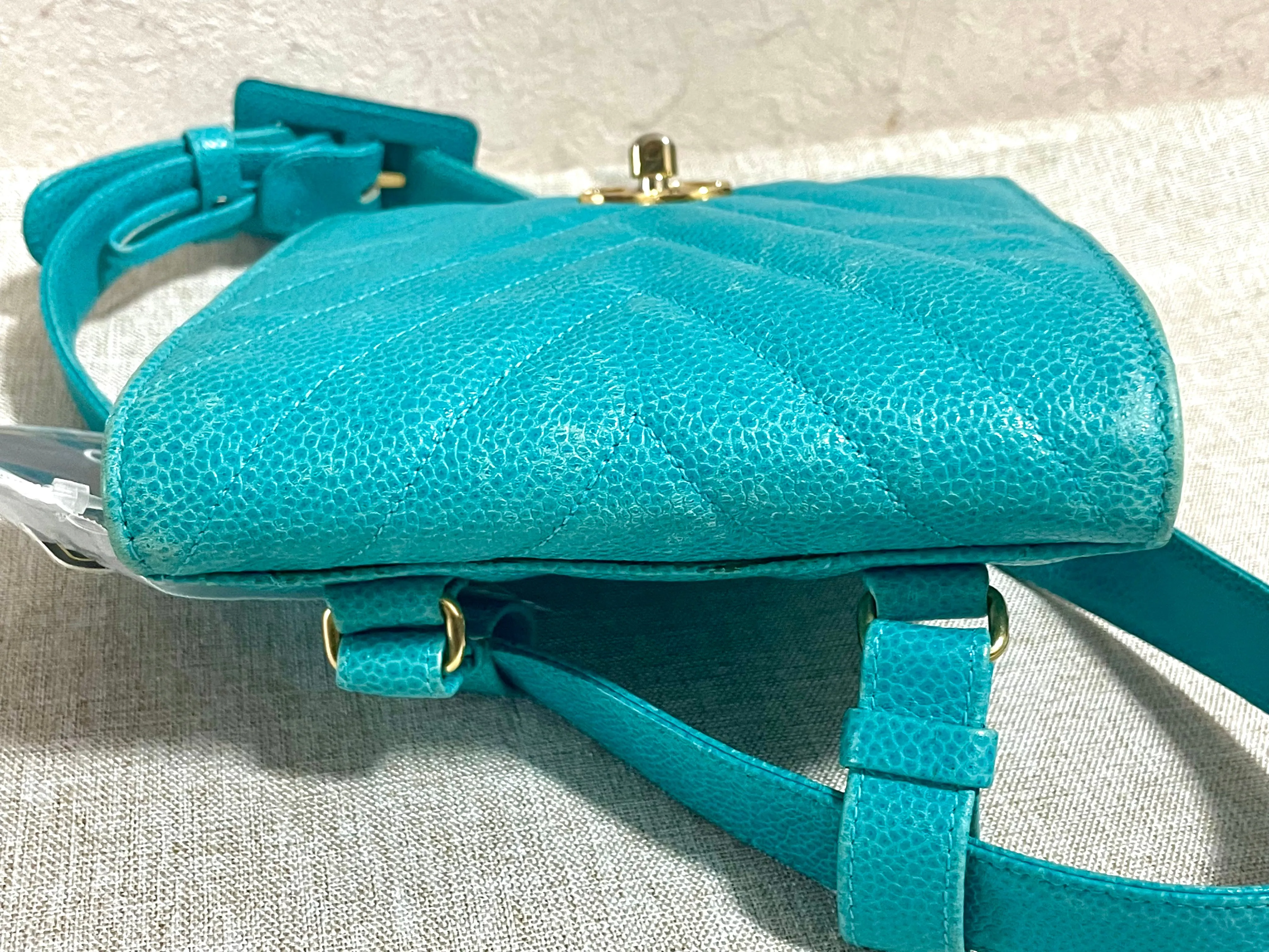 Vintage CHANEL turquoise blue caviar v stitch, chevron, waist bag, hip bag, fanny pack with matching belt with golden cc mark closure. 070225ac3