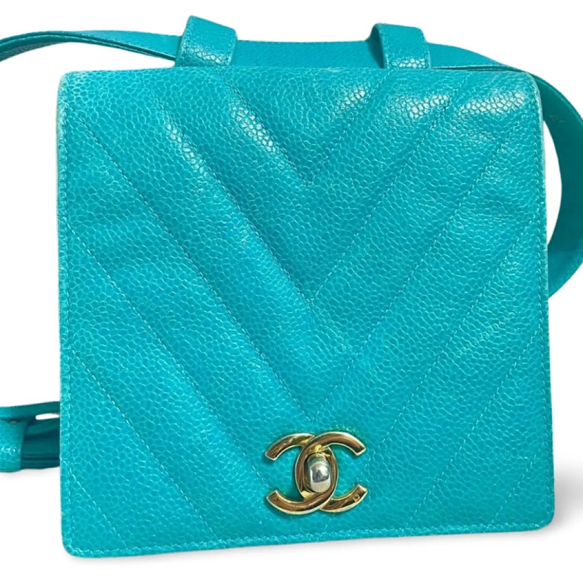 Vintage CHANEL turquoise blue caviar v stitch, chevron, waist bag, hip bag, fanny pack with matching belt with golden cc mark closure. 070225ac3
