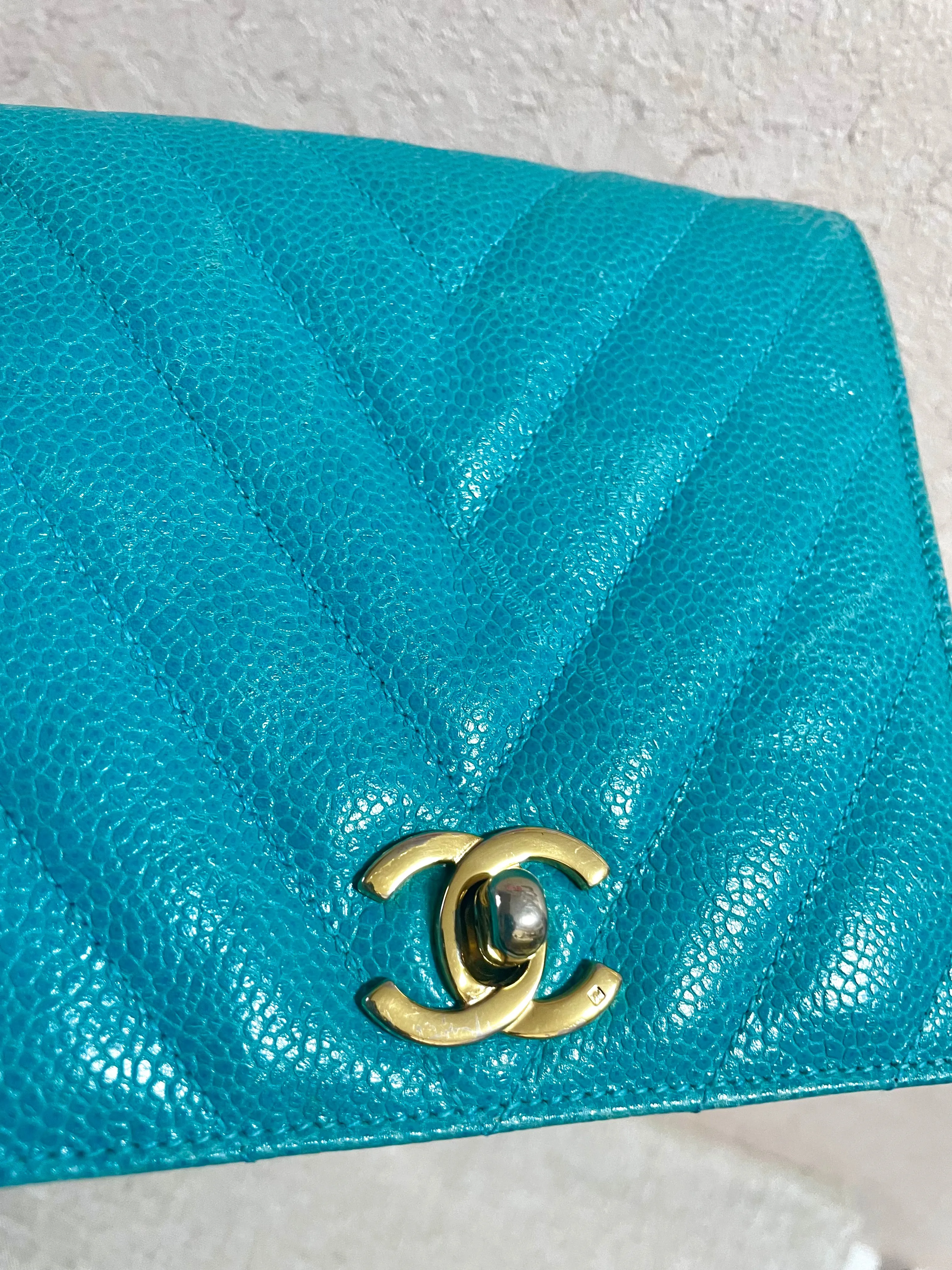 Vintage CHANEL turquoise blue caviar v stitch, chevron, waist bag, hip bag, fanny pack with matching belt with golden cc mark closure. 070225ac3