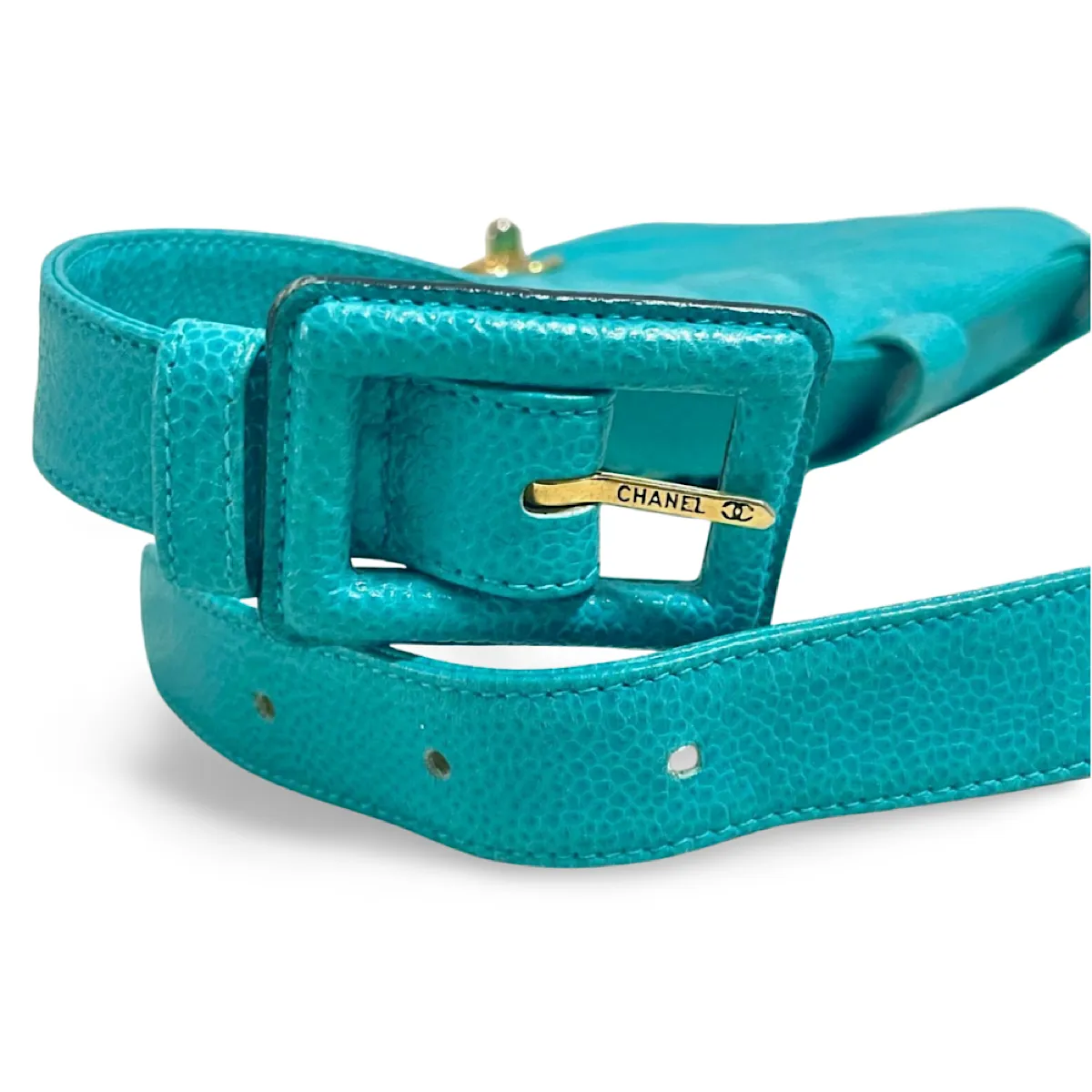 Vintage CHANEL turquoise blue caviar v stitch, chevron, waist bag, hip bag, fanny pack with matching belt with golden cc mark closure. 070225ac3