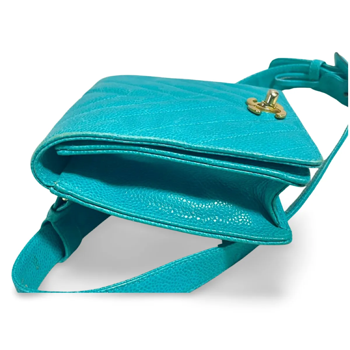 Vintage CHANEL turquoise blue caviar v stitch, chevron, waist bag, hip bag, fanny pack with matching belt with golden cc mark closure. 070225ac3