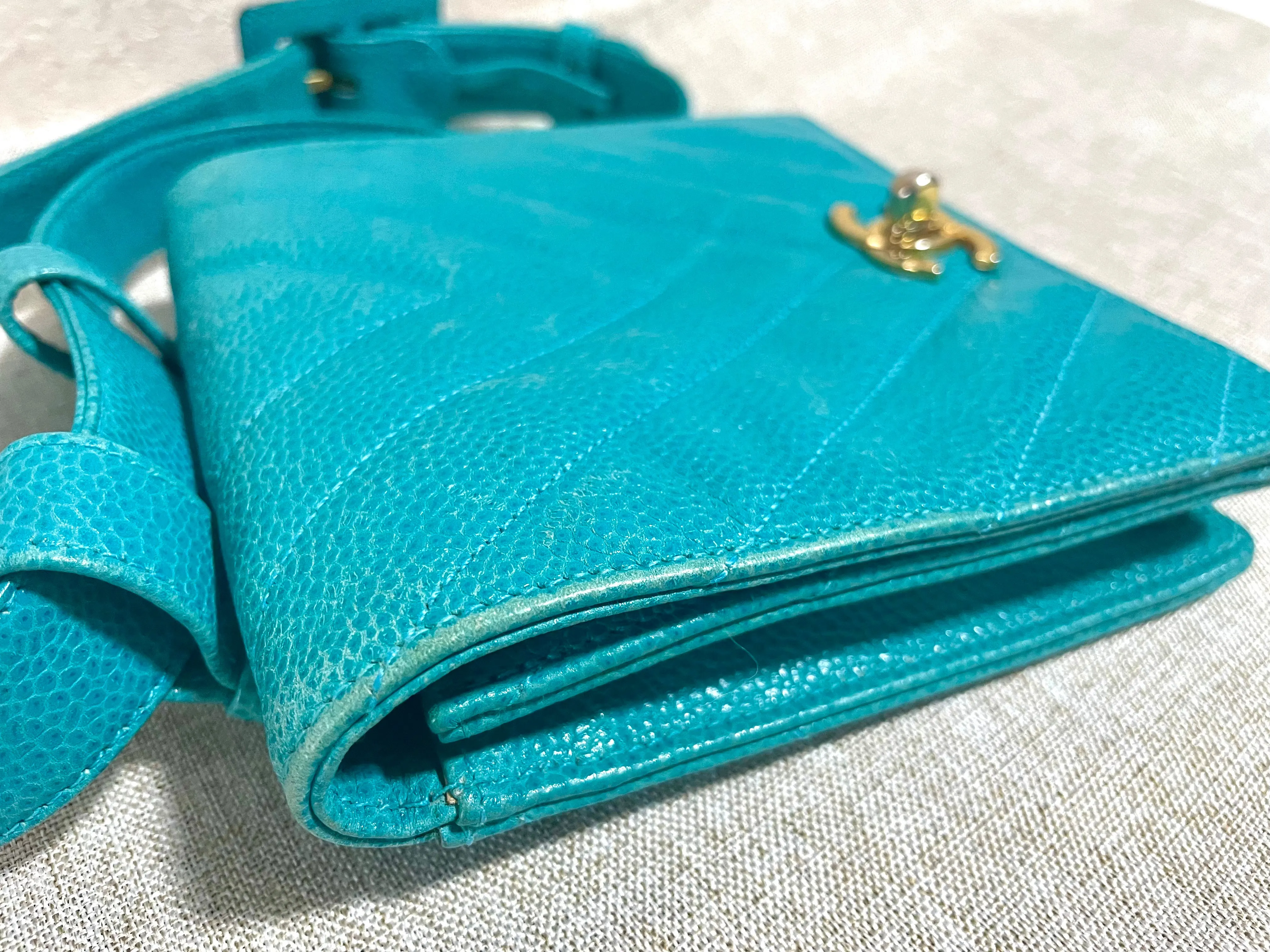 Vintage CHANEL turquoise blue caviar v stitch, chevron, waist bag, hip bag, fanny pack with matching belt with golden cc mark closure. 070225ac3