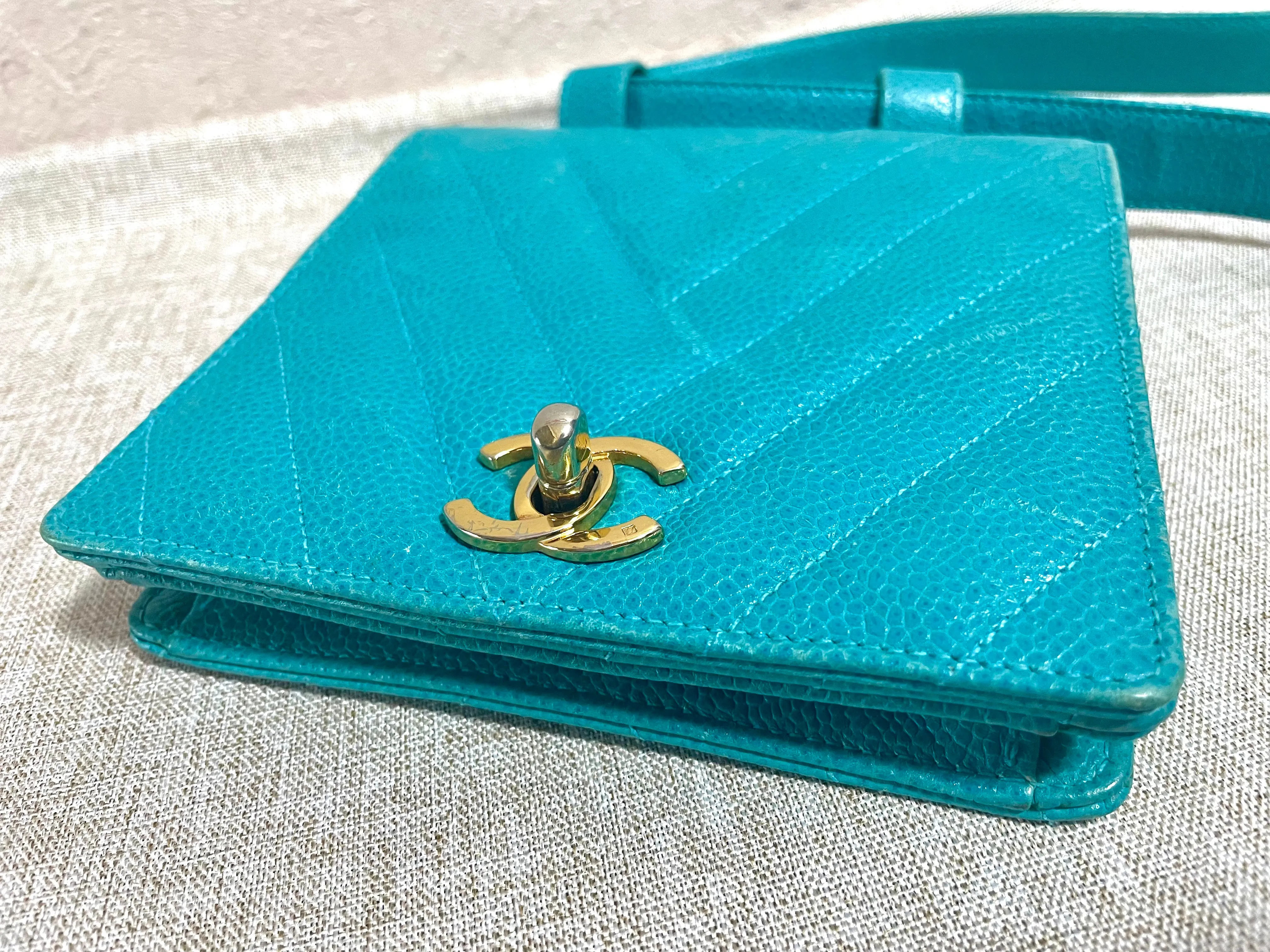 Vintage CHANEL turquoise blue caviar v stitch, chevron, waist bag, hip bag, fanny pack with matching belt with golden cc mark closure. 070225ac3