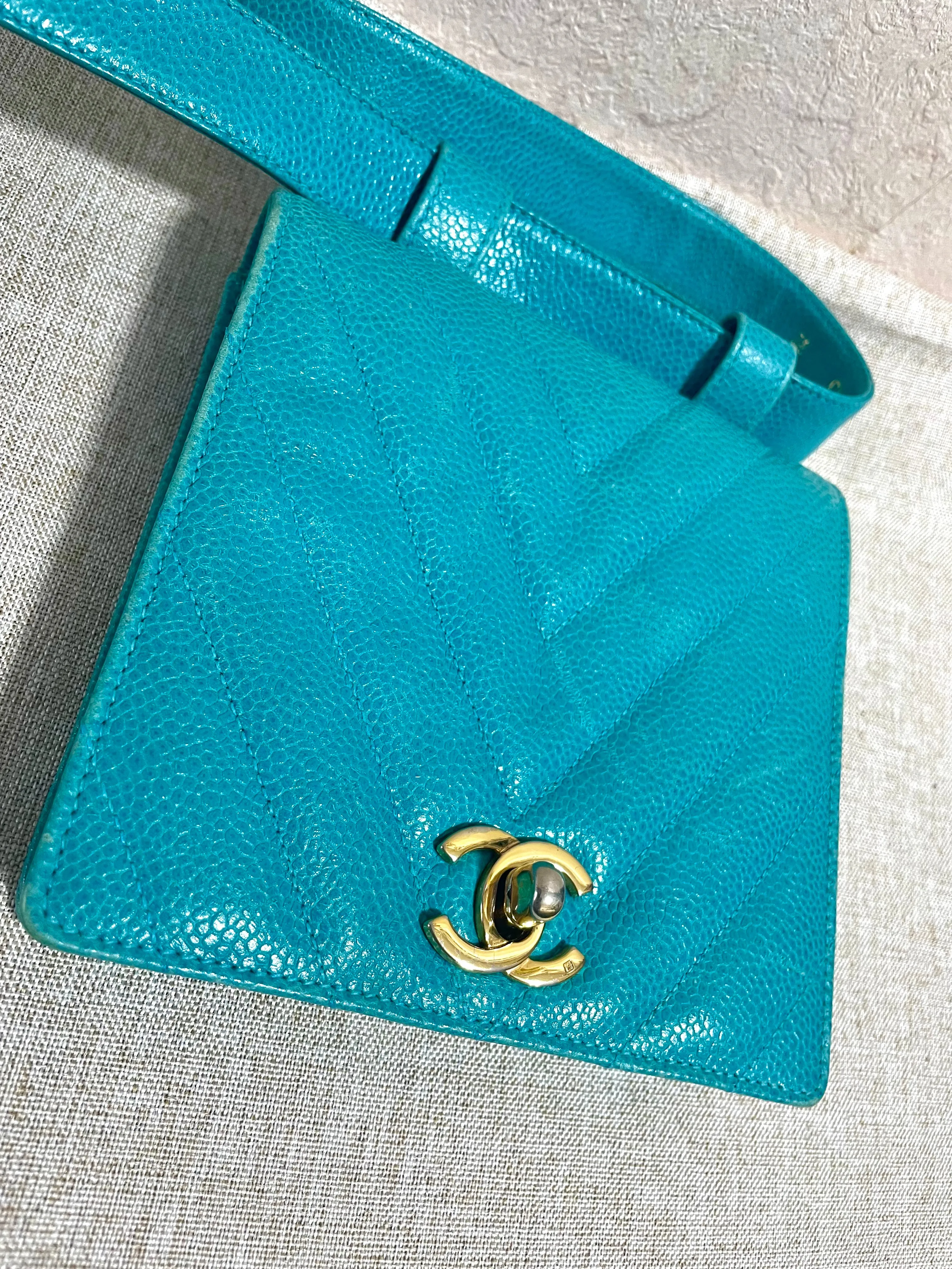 Vintage CHANEL turquoise blue caviar v stitch, chevron, waist bag, hip bag, fanny pack with matching belt with golden cc mark closure. 070225ac3