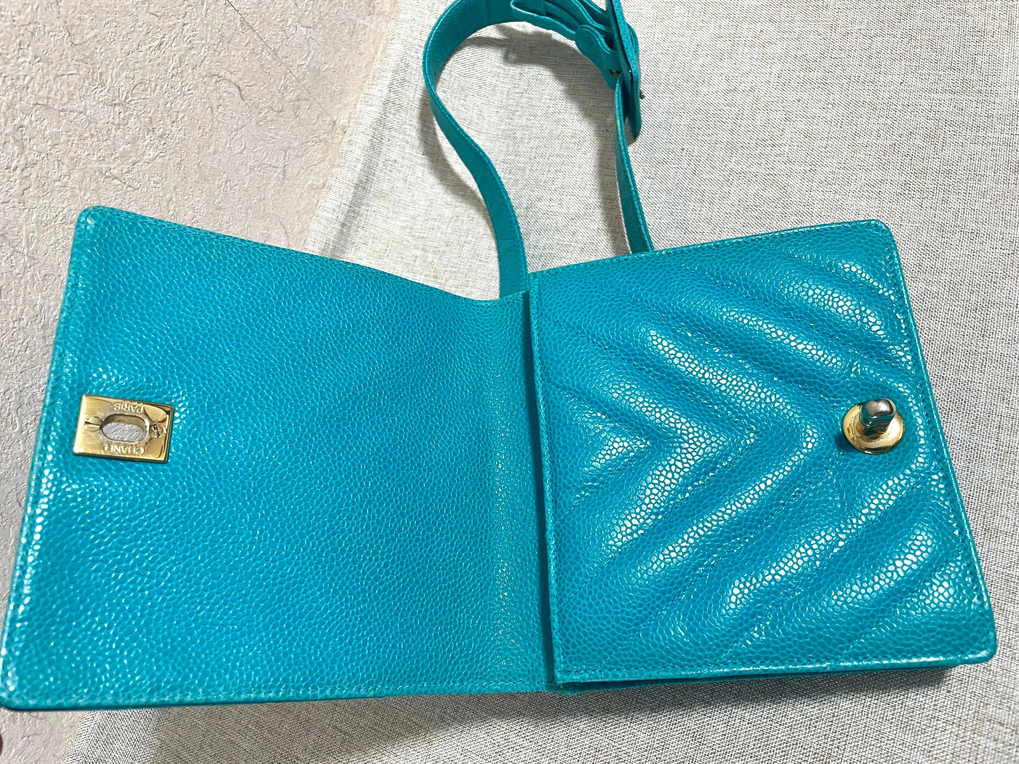 Vintage CHANEL turquoise blue caviar v stitch, chevron, waist bag, hip bag, fanny pack with matching belt with golden cc mark closure. 070225ac3