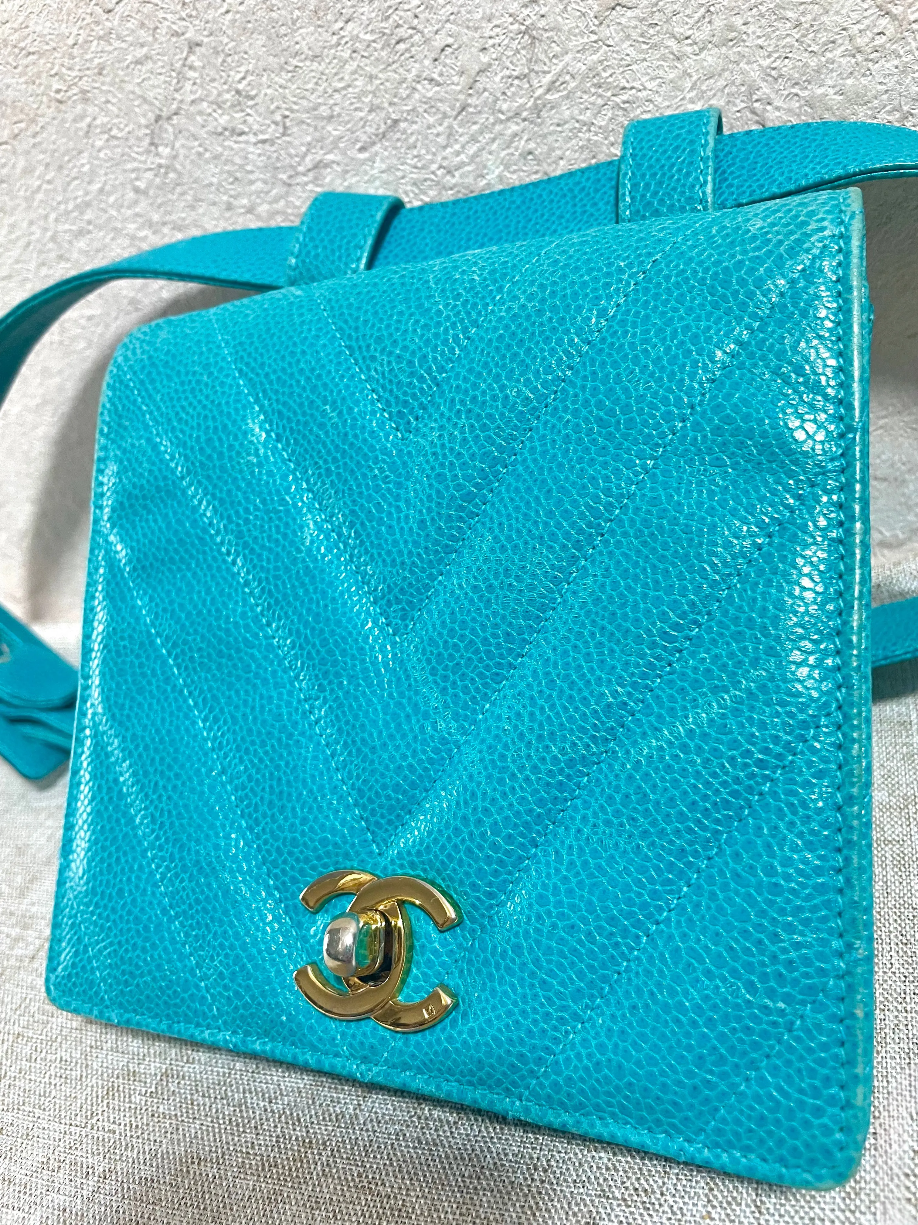 Vintage CHANEL turquoise blue caviar v stitch, chevron, waist bag, hip bag, fanny pack with matching belt with golden cc mark closure. 070225ac3